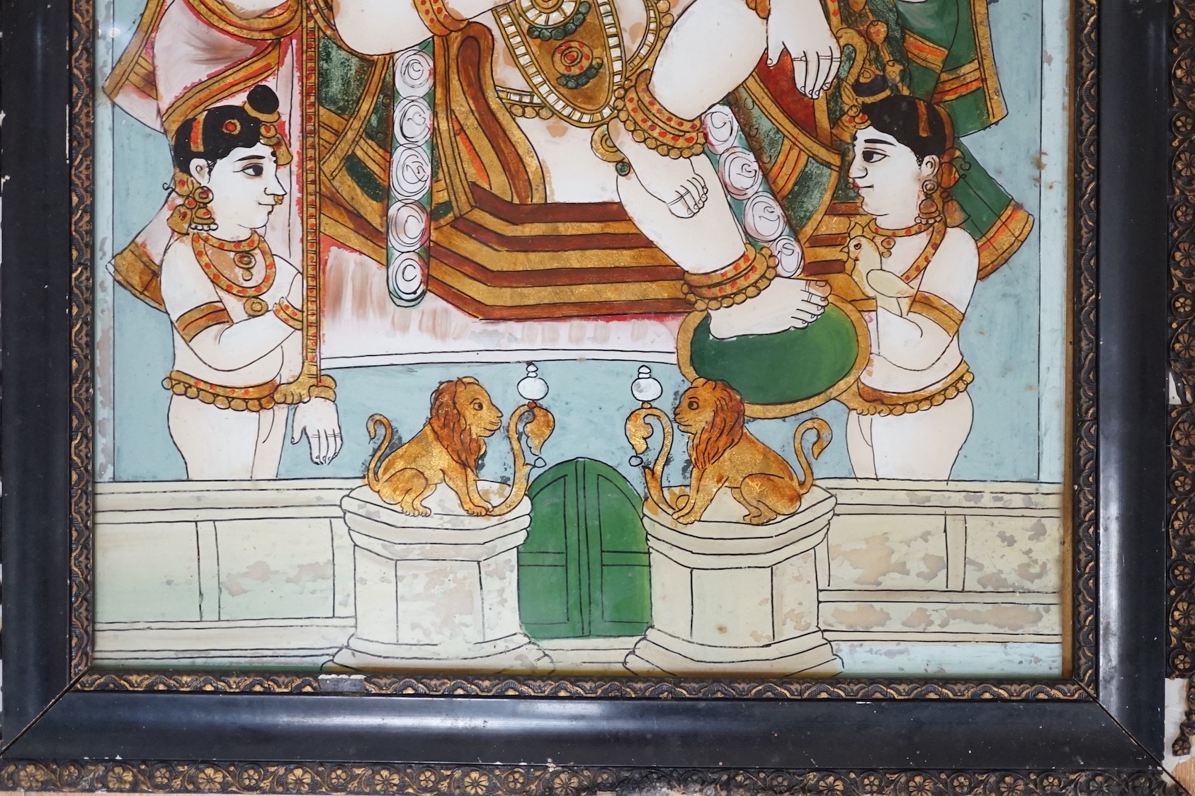 Indian School c.1900, five reverse paintings on glass, Nobles, deities and other figures, largest 59 x 44cm